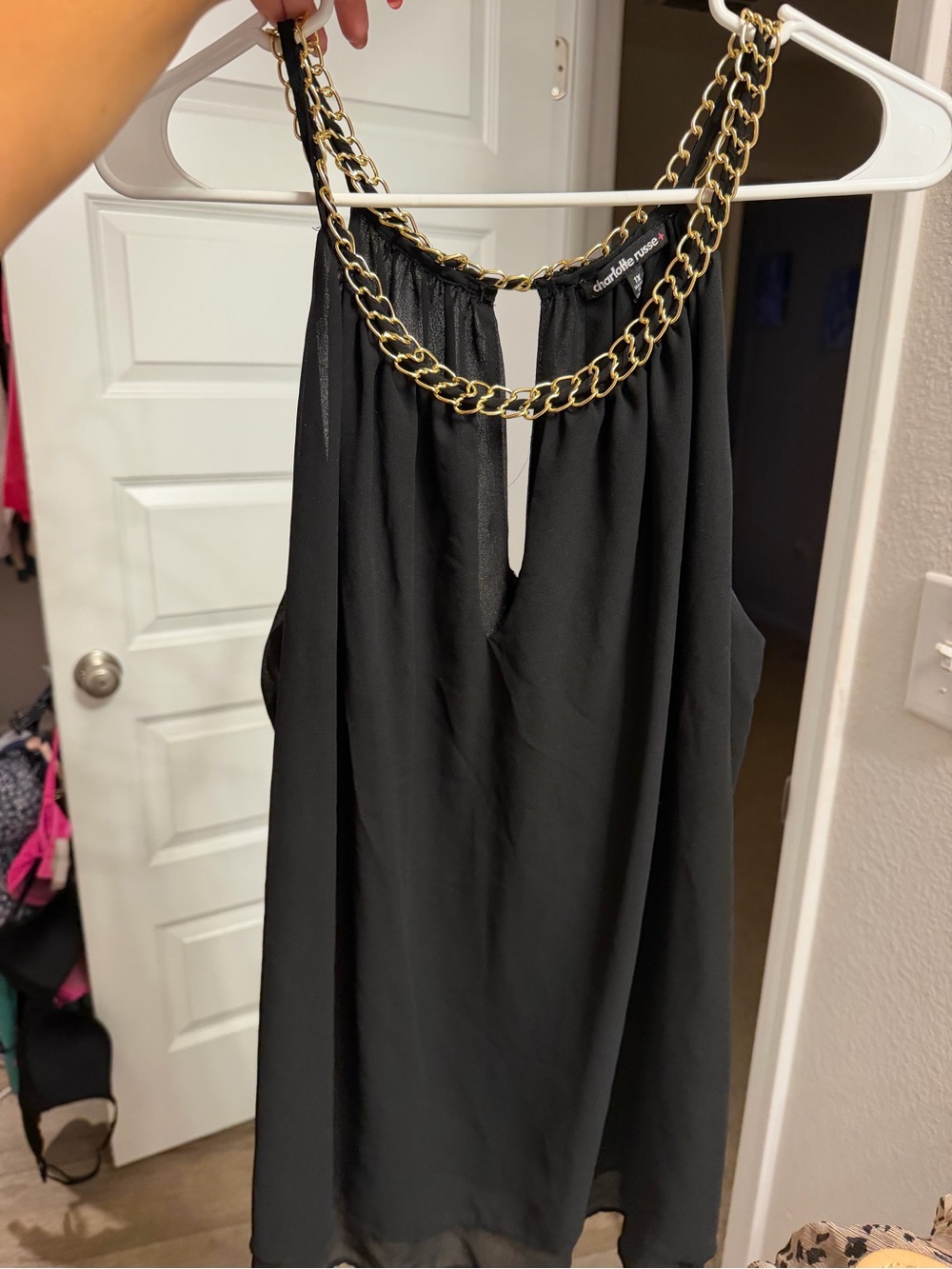 Charlotte Russe Black Halter Top with Gold Chain Detail